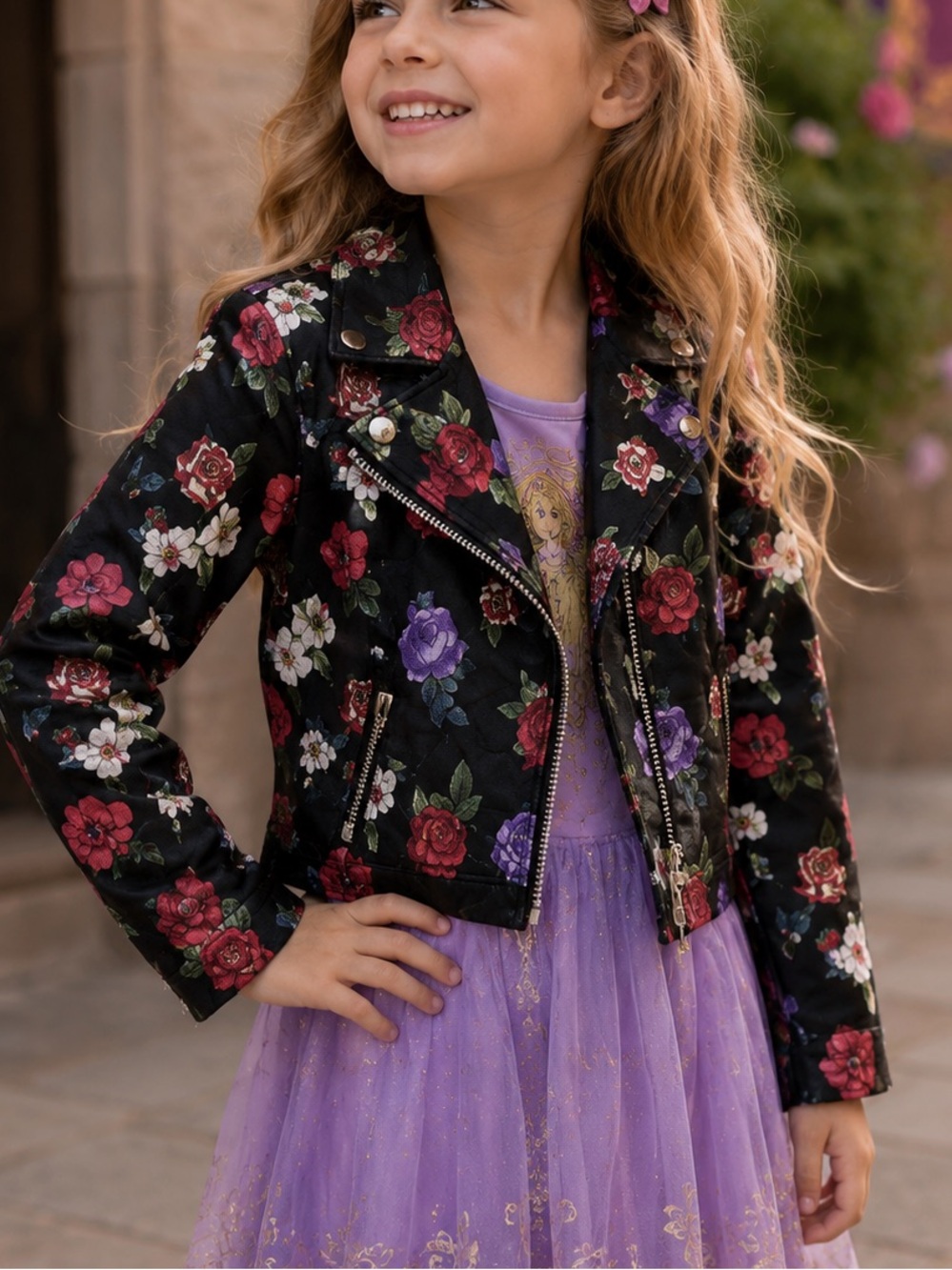 Disney Princess Tangled Rapunzel Girls 5/6 Faux leather floral zip moto jacket